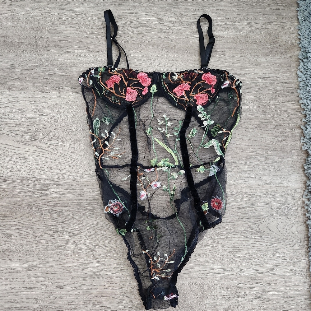 Floral Embroidered Black Bodysuit